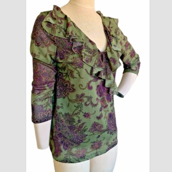 Chaps Stretch Mesh Ruffle V-Neck Top Sz L Khaki Green Purple Floral #225E - Picture 2 of 6